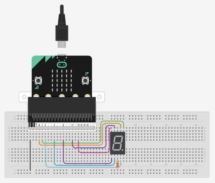 Proyecto en Tinkercad: «Contador de 0 a 9 con una Micro:bit y display de 7 segmentos» Proyecto en Tinkercad: «Contador de 0 a 9 con una Micro:bit y display de 7 segmentos»